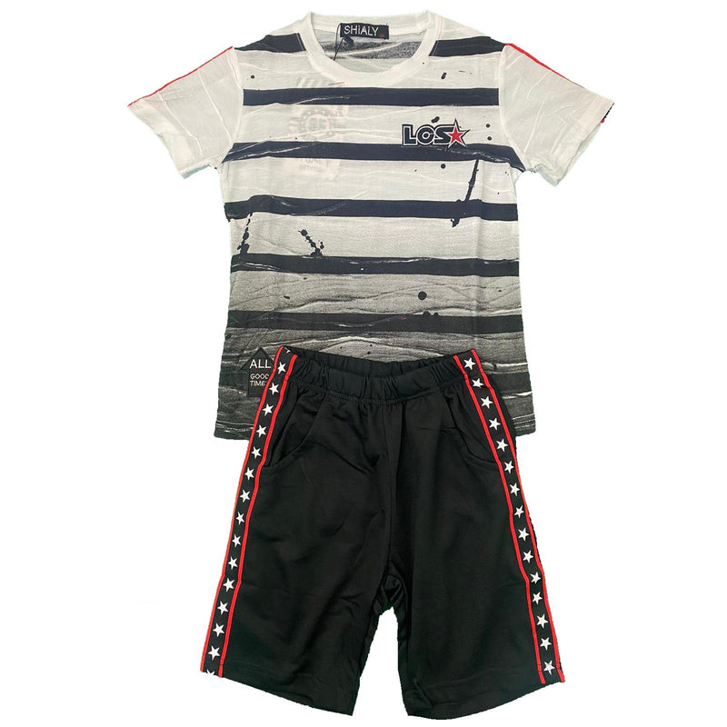 Boys T-Shirt Shorts Set Kids Two Tone Sports Summer Gym PE Stripe Stars