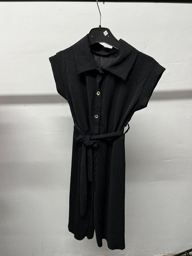 Girls Button Up Wide Leg Pleated Jumpsuit