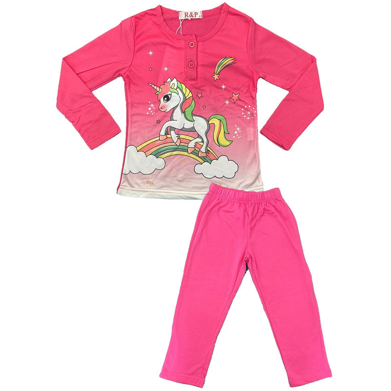 Girls Pyjamas PJs Long Sleeve Nightwear Top Bottom Set Kids Unicorn Cotton