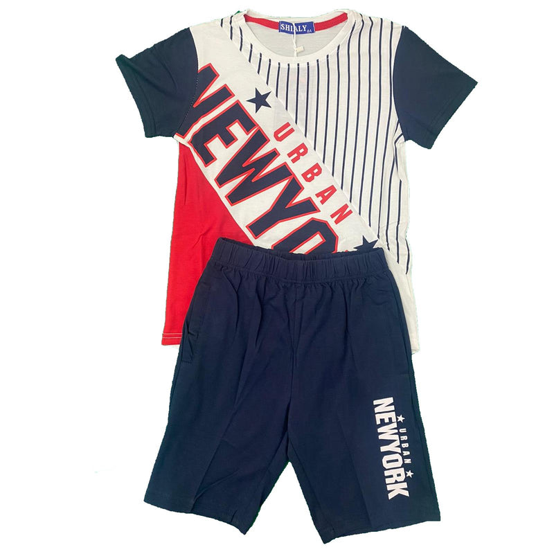 Boys T-Shirt Shorts Set Kids New York Sports Summer Gym PE Stripe Panel