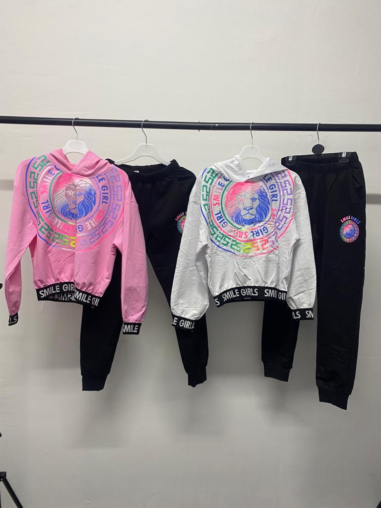 Girls Lion Print Diamante Tracksuit Hoodie And Joggers