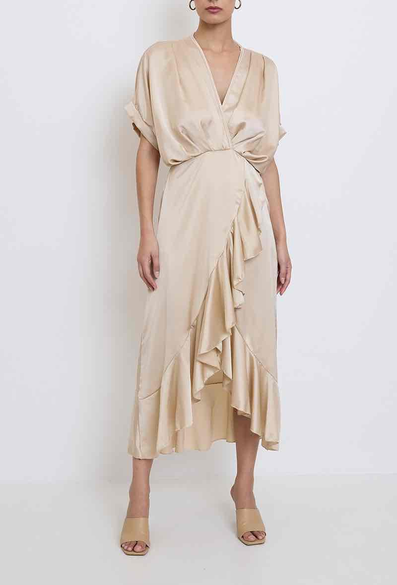 Ladies Satin Ruffle Midi Dress