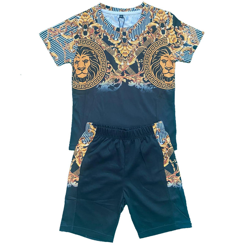 Boys Kids T-Shirt Shorts Set Baroque Chain Lion Print Fashion Summer Top Outfit Diamante