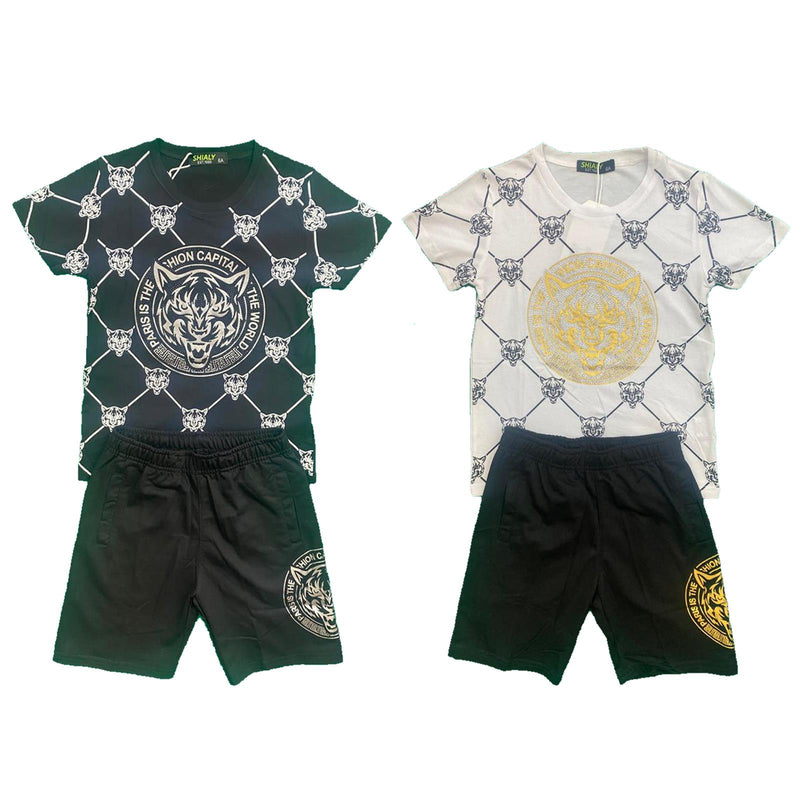 Boys Kids T-Shirt Shorts Set Diamante Tiger Print Fashion Summer Top And Short Set Outfit