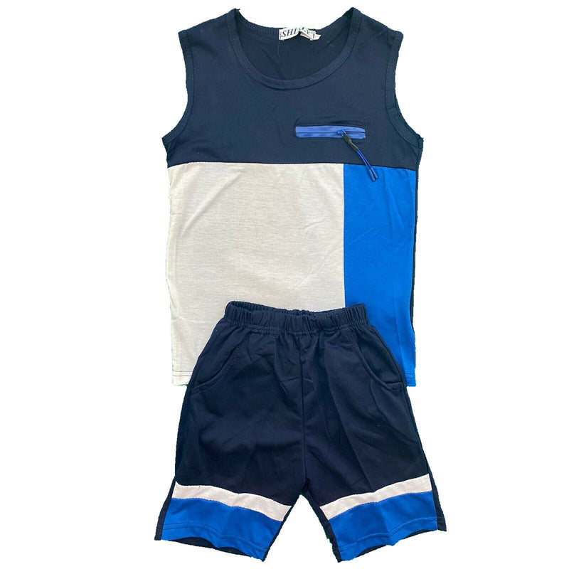 Boys Kids Vest T-Shirt Shorts Set Panel Fashion Summer Top Short Outfit.