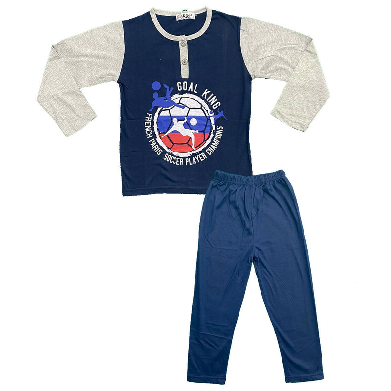 Boys Kids Pyjamas Nighty Long Sleeve Top Bottom Set Nightwear Football Cotton.