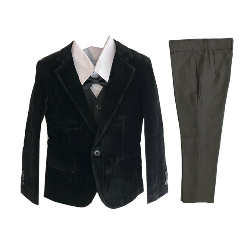 Boys Kids Velvet 5 Piece Suit Set Blazer Waistcoat Trousers Shirt Tie Wedding.