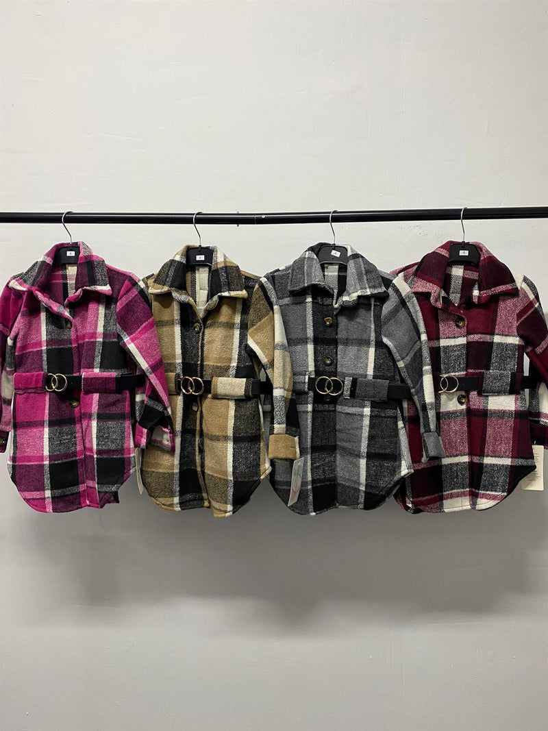 Girls Checked Belted Button Up Shacket