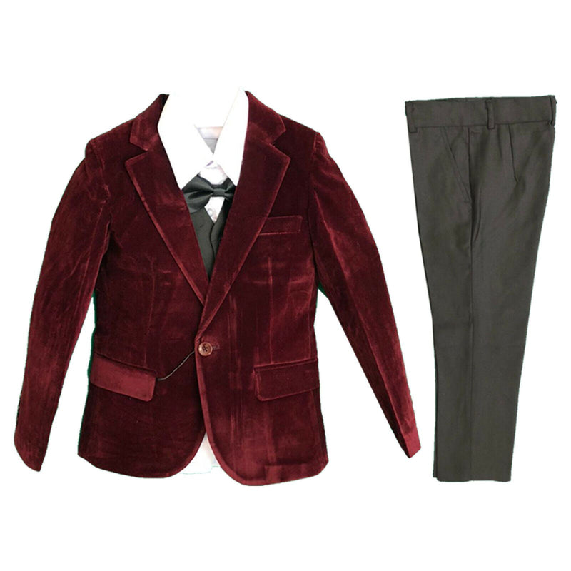 Boys Kids Velvet 5 Piece Suit Set Blazer Waistcoat Trousers Shirt Tie Wedding.