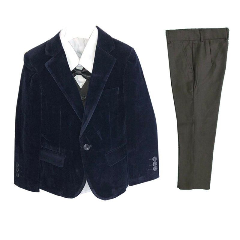 Boys Kids Velvet 5 Piece Suit Set Blazer Waistcoat Trousers Shirt Tie Wedding.