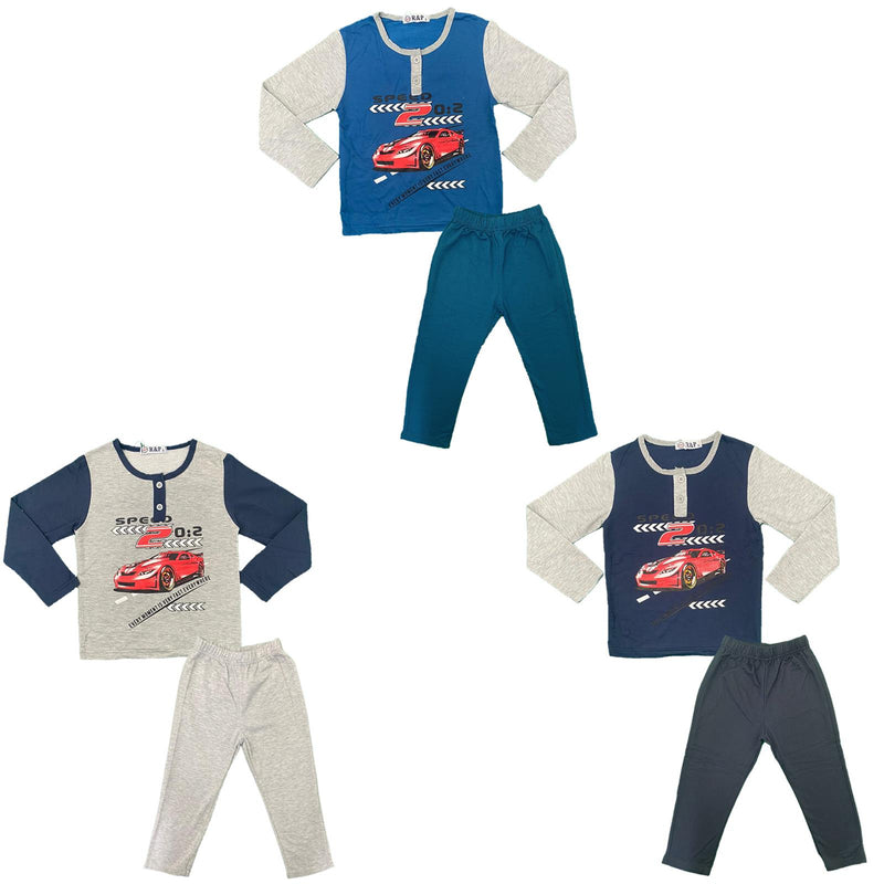 Boys Pyjamas PJs Long Sleeve Nightwear Top Bottom Set Kids Cars Cotton