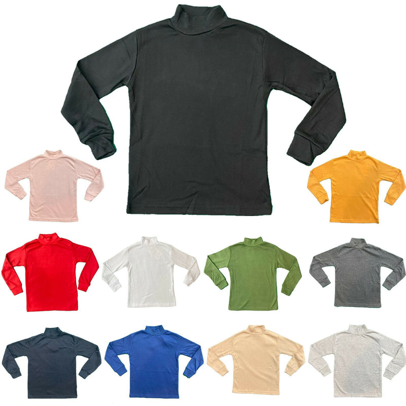 Kids Plain Long Sleeve Top Boys Girls T-Shirt Thick Cotton Stretch Polo Neck