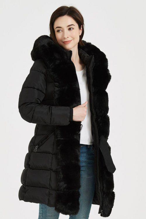 Ladies Belted Parka Jacket Fur Zip Pockets