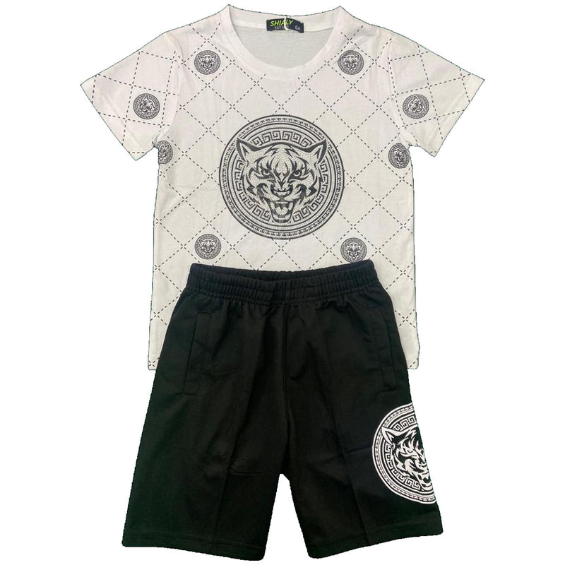 Boys T-Shirt Shorts Set Tiger Print Diamante Set Outfit Kids Summer Top Outfit