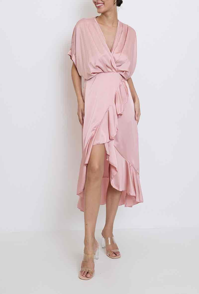 Ladies Satin Ruffle Midi Dress