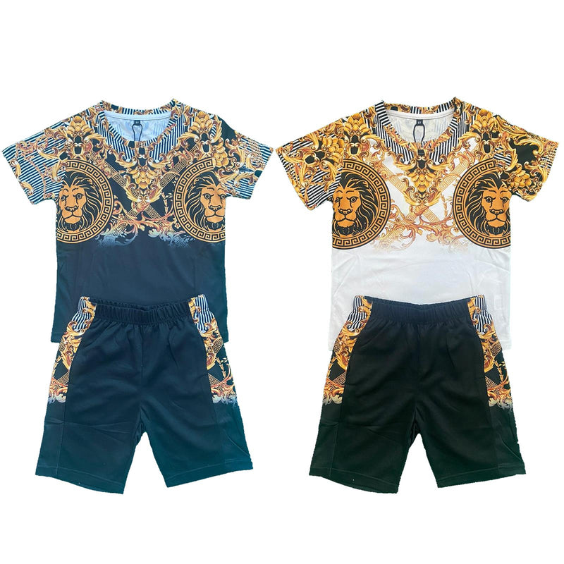 Boys Kids T-Shirt Shorts Set Baroque Chain Lion Print Fashion Summer Top Outfit Diamante