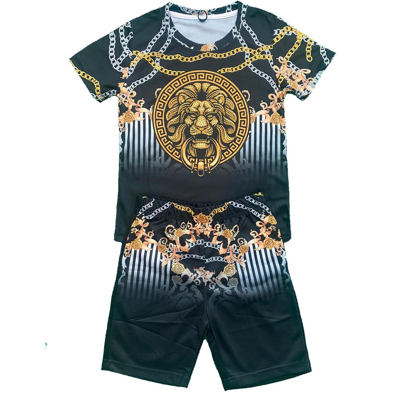 Boys Kids T-Shirt Shorts Set Baroque Chain Lion Print Fashion Summer Top Outfit 569