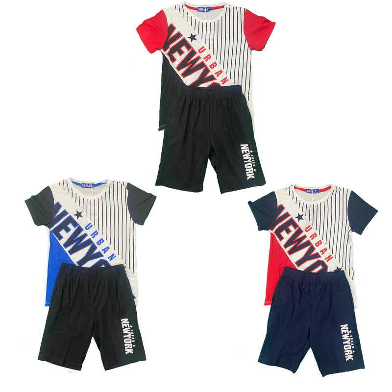 Boys T-Shirt Shorts Set Kids New York Sports Summer Gym PE Stripe Panel