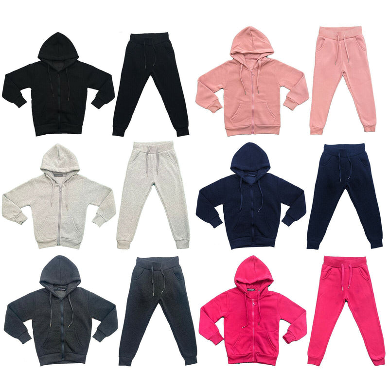 Boys Girls Kids Plain Fleece Tracksuit Joggers Hoodie Jogging Bottoms School PE.