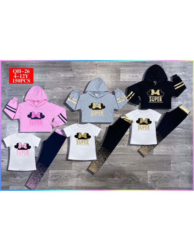 Girls 3 Piece Crop Hoodie T-Shirt And Legging Set Super Print