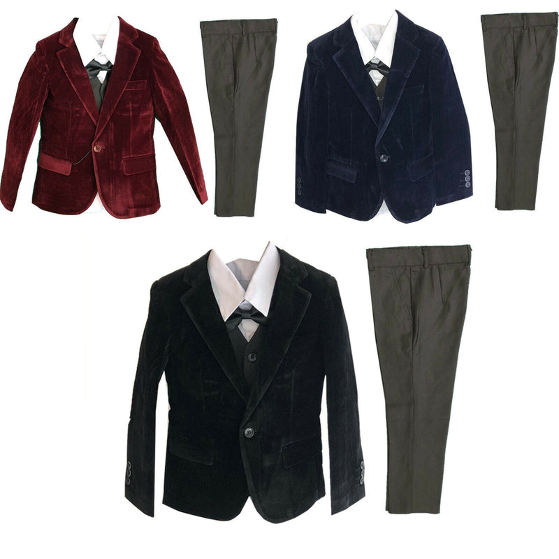 Boys Kids Velvet 5 Piece Suit Set Blazer Waistcoat Trousers Shirt Tie Wedding.