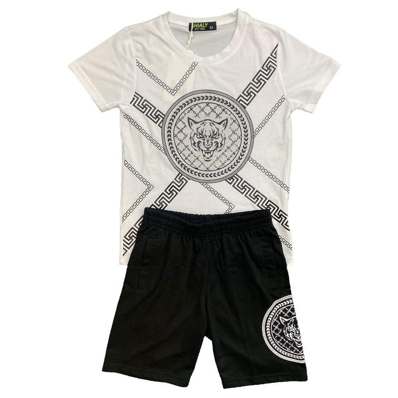 Boys Kids T-Shirt Shorts Set Diamante Tiger Print Fashion Summer Top And Short Set.