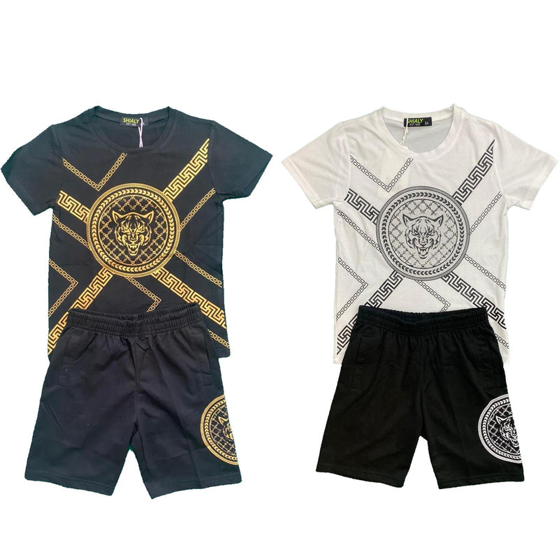 Boys Kids T-Shirt Shorts Set Diamante Tiger Print Fashion Summer Top And Short Set.