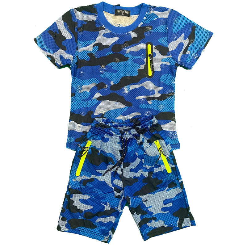 Boys Kids Camo Camouflage T-Shirt Shorts Set Sports Cotton Army Summer Gym PE.