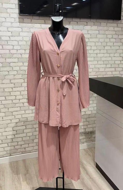 Ladies 2 Piece Button Up Belted Top & Bottom Set