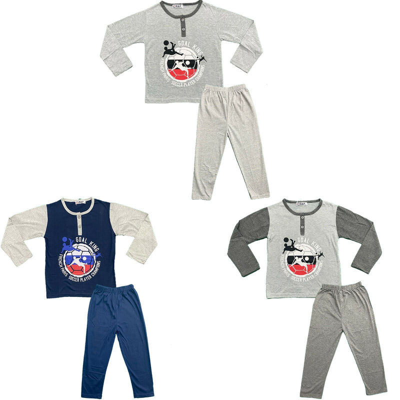 Boys Kids Pyjamas Nighty Long Sleeve Top Bottom Set Nightwear Football Cotton.