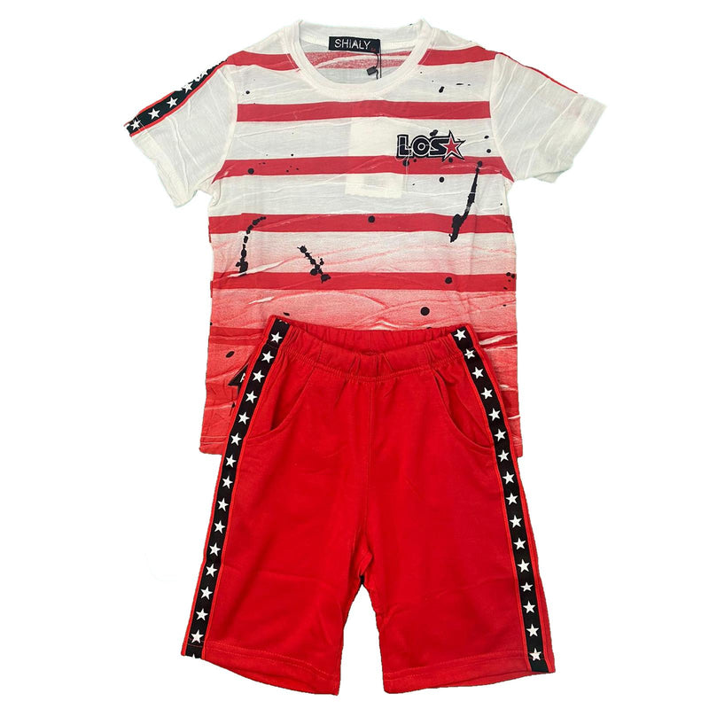 Boys T-Shirt Shorts Set Kids Two Tone Sports Summer Gym PE Stripe Stars