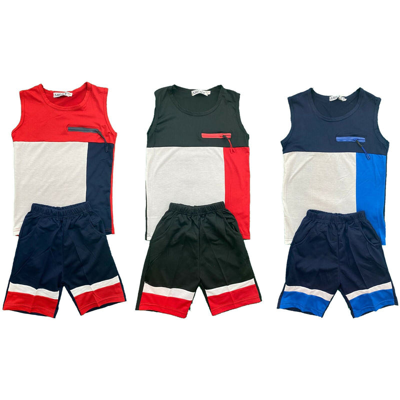 Boys Kids Vest T-Shirt Shorts Set Panel Fashion Summer Top Short Outfit.