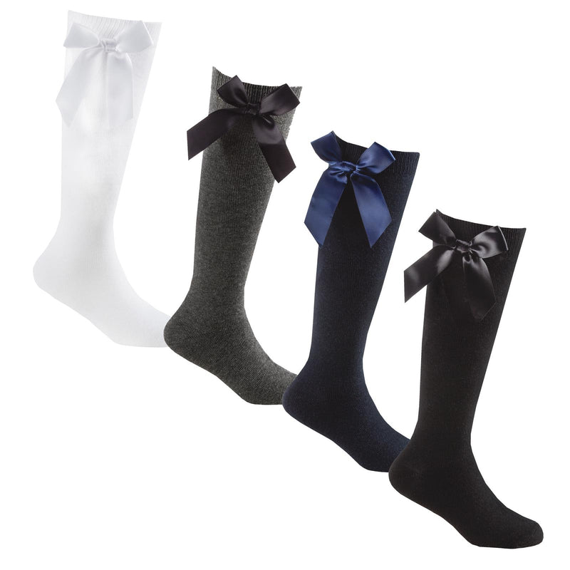 Girls Socks Knee High Kids Plain Bow School Cotton Rich Long Children