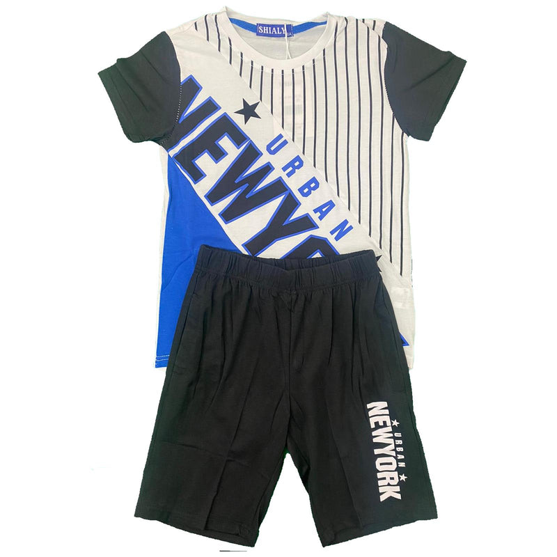 Boys T-Shirt Shorts Set Kids New York Sports Summer Gym PE Stripe Panel