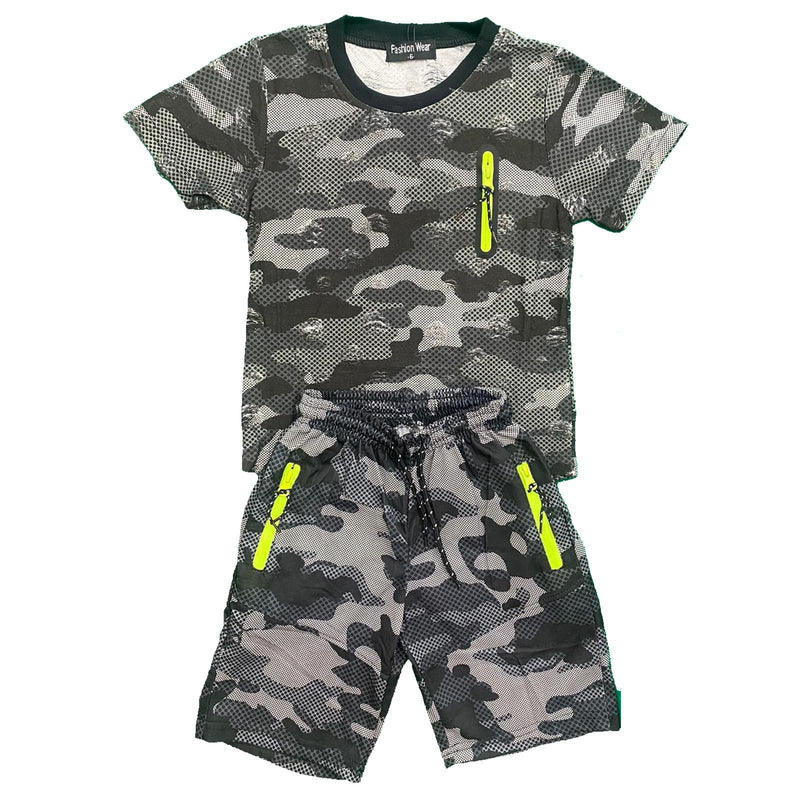 Boys Kids Camo Camouflage T-Shirt Shorts Set Sports Cotton Army Summer Gym PE.