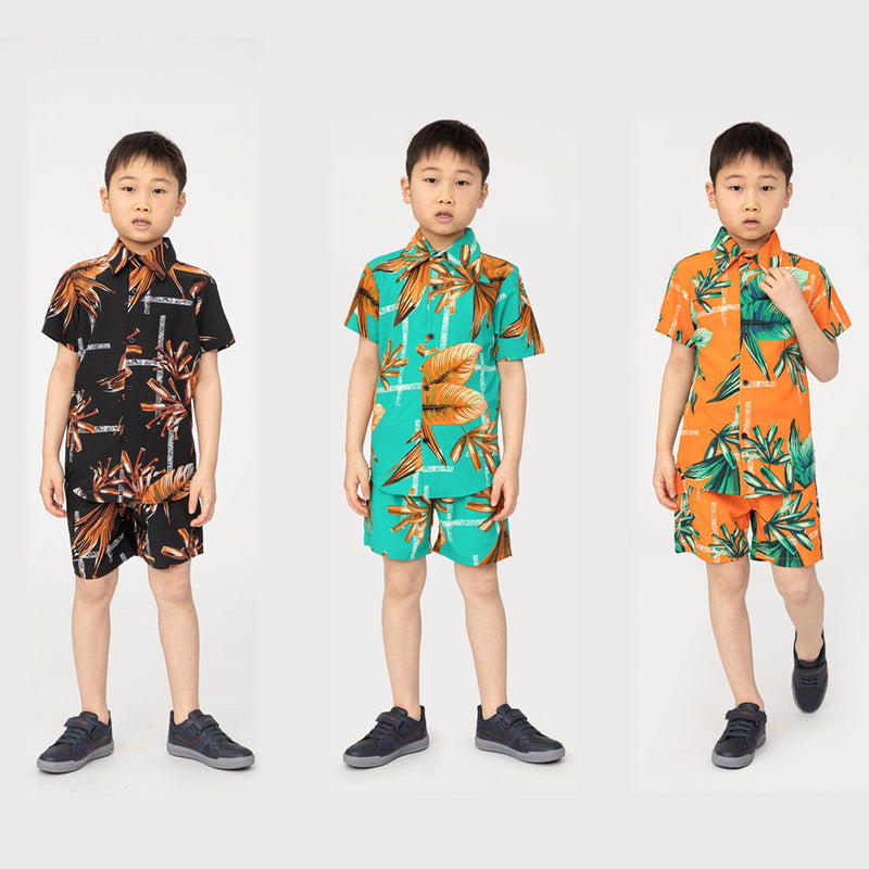 Boys Shirt Swim Shorts Set Outfit Leaf Print Kids Short Sleeve Co-ord Summer