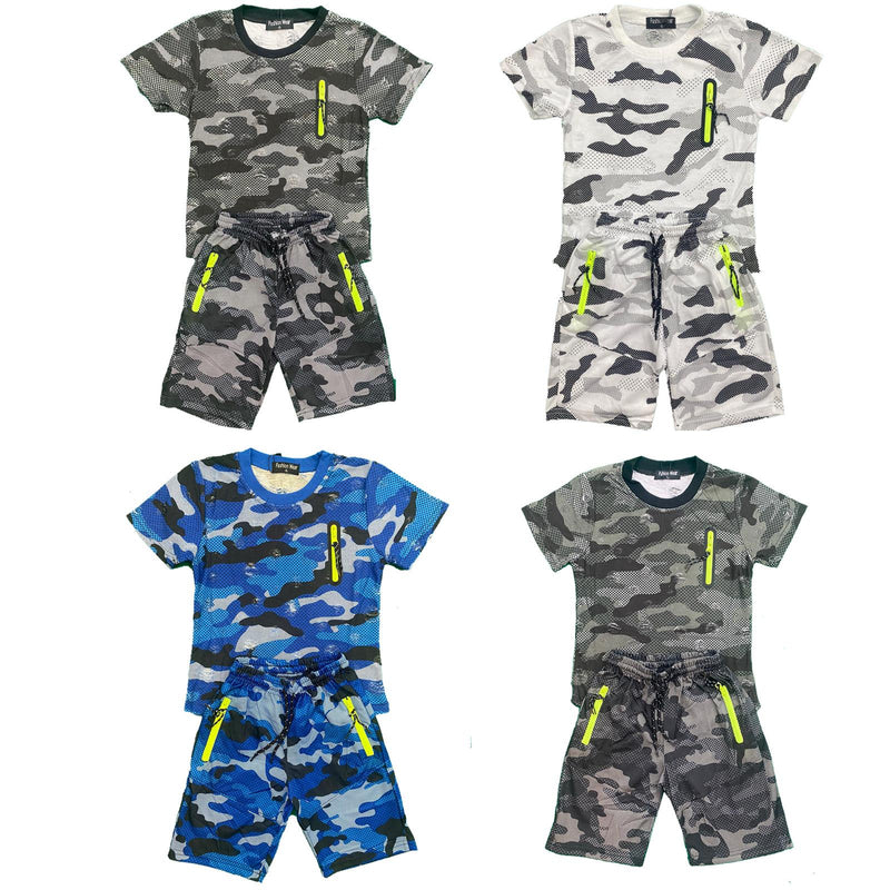 Boys Kids Camo Camouflage T-Shirt Shorts Set Sports Cotton Army Summer Gym PE.