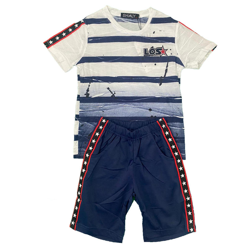 Boys T-Shirt Shorts Set Kids Two Tone Sports Summer Gym PE Stripe Stars