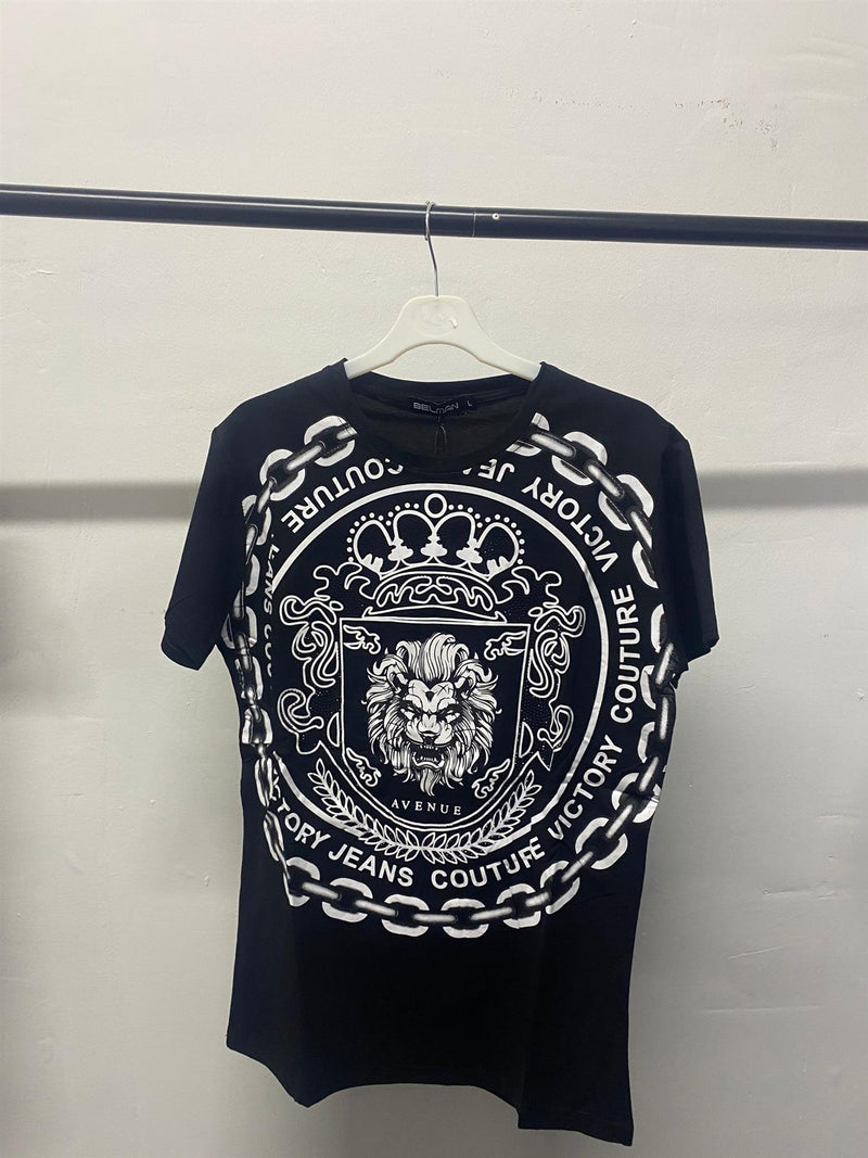 Mens Lion Print Diamante T-Shirt Jeans Couture