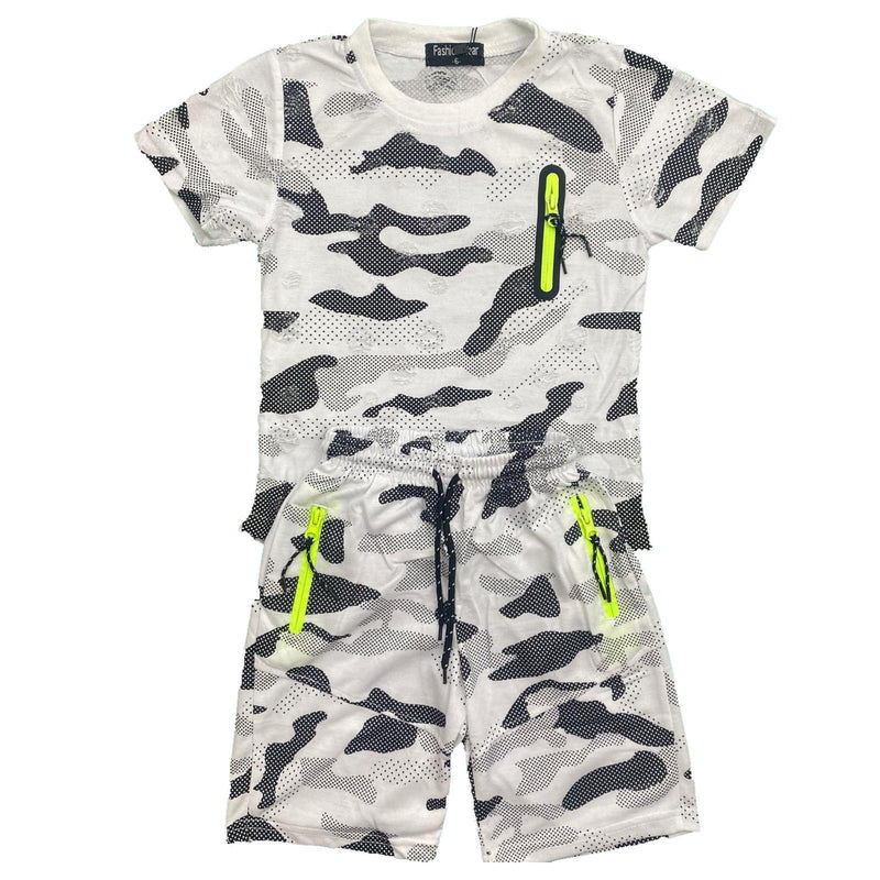 Boys Kids Camo Camouflage T-Shirt Shorts Set Sports Cotton Army Summer Gym PE.