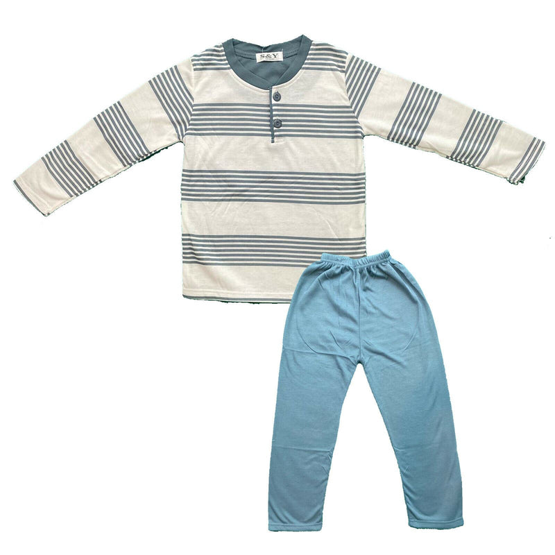 Kids Boys Girls Pyjamas Long Sleeve Top Bottom Set Stripe Winter Warm Fleece.